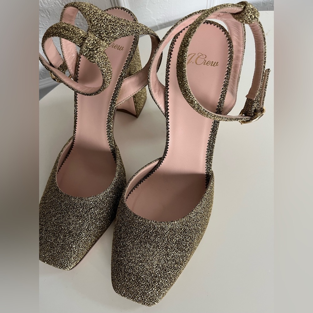 J. Crew Harlow Ankle Strap Gold Glitter Heels NWOB Made in Italy Leather Bottoms - Picture 8 of 8